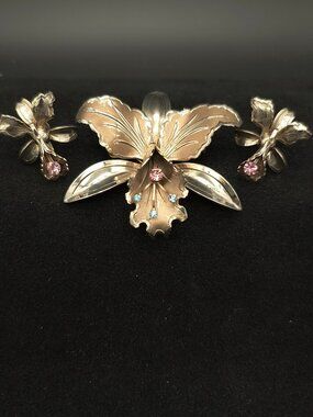 Vintage Orchid Brooch Earrings Screw-Back Gold Tone Set